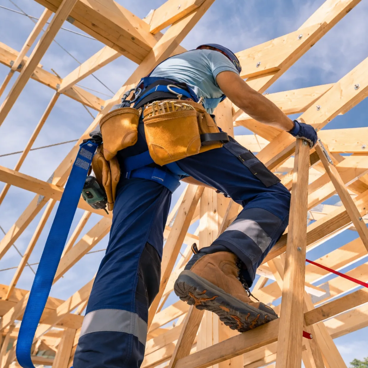 Construction worker installing roof framing for a backyard ADU structure in Los Angeles during the wood framing stage of accessory dwelling unit construction