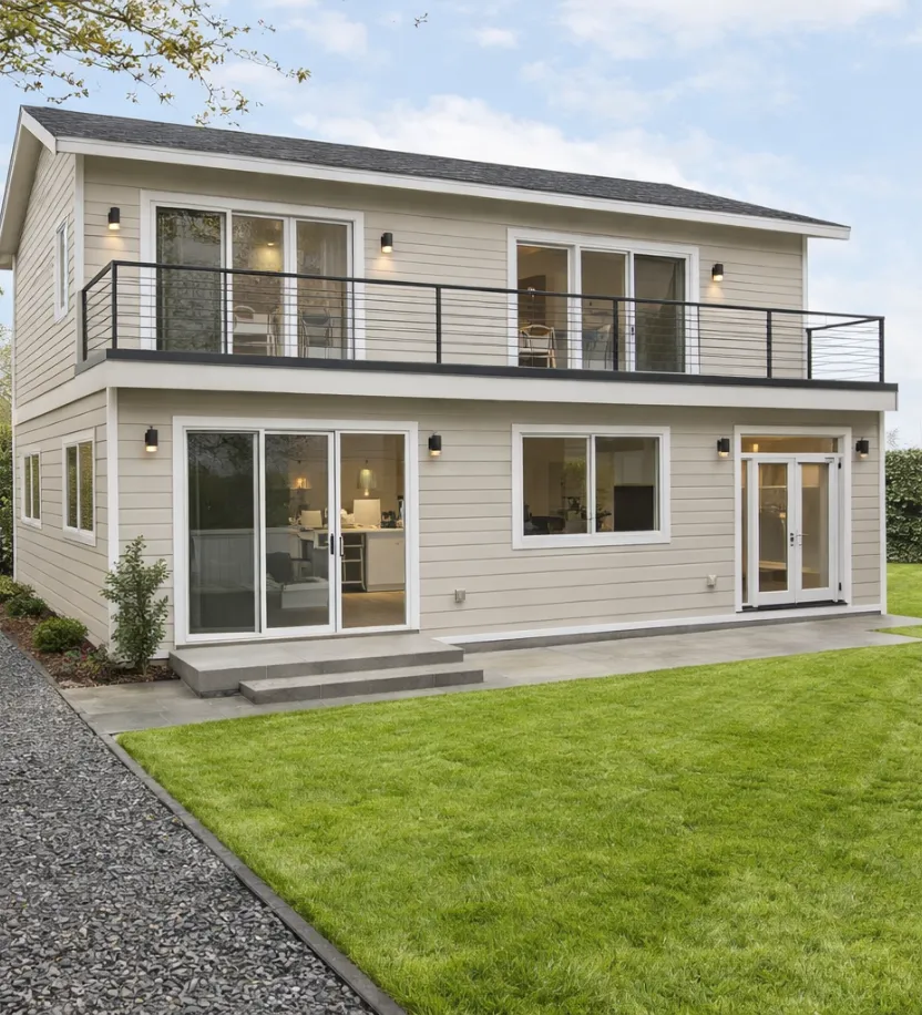 Modern two story accessory dwelling unit in a Los Angeles backyard with beige siding, balcony, sliding glass doors, and landscaped lawn