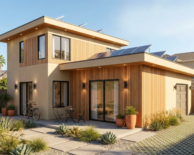 Modern ADU architectural design in Los Angeles featuring a two story accessory dwelling unit with wood siding, solar panels, and contemporary backyard layout