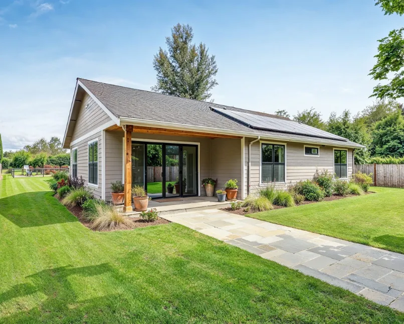 Modern backyard cottage built in Los Angeles featuring covered patio, solar panels, sliding glass doors, and landscaped backyard