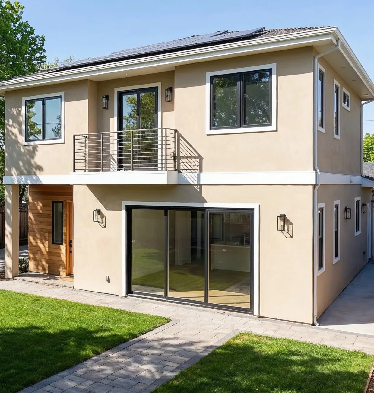 Modern two story backyard accessory dwelling unit in Los Angeles with stucco exterior balcony and sliding glass doors built by a local ADU builder