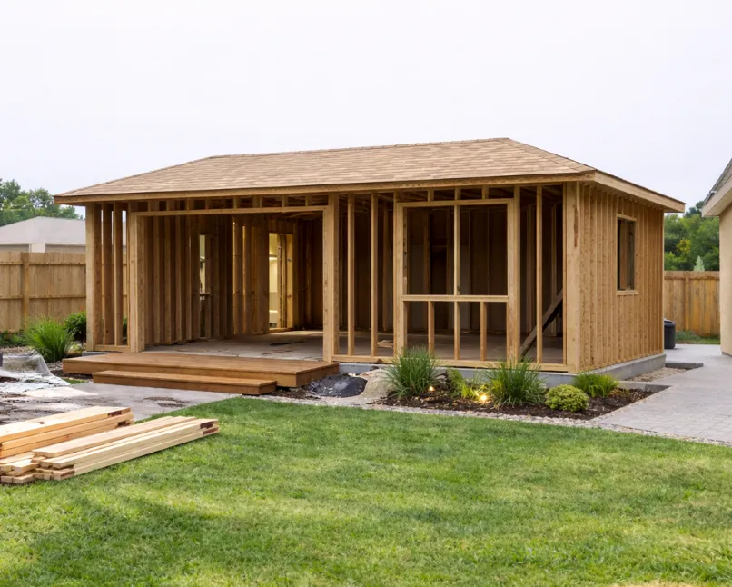 Custom backyard ADU construction in Los Angeles showing wood framing structure during the building phase by professional ADU builders
