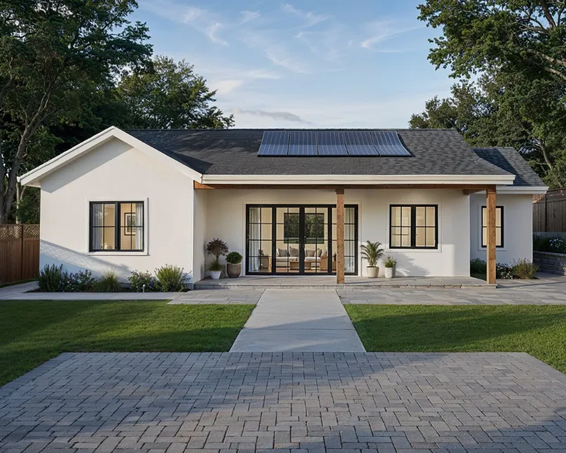 Newly built detached backyard ADU in Los Angeles with modern architecture, large windows, solar panels, and custom patio construction