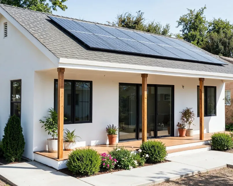 Modern garage conversion ADU in Los Angeles with solar panels, covered patio, sliding glass doors, and landscaped backyard